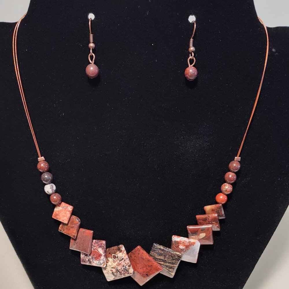 Artisan Red Jasper semi-precious stone necklace & matching earrings, new
